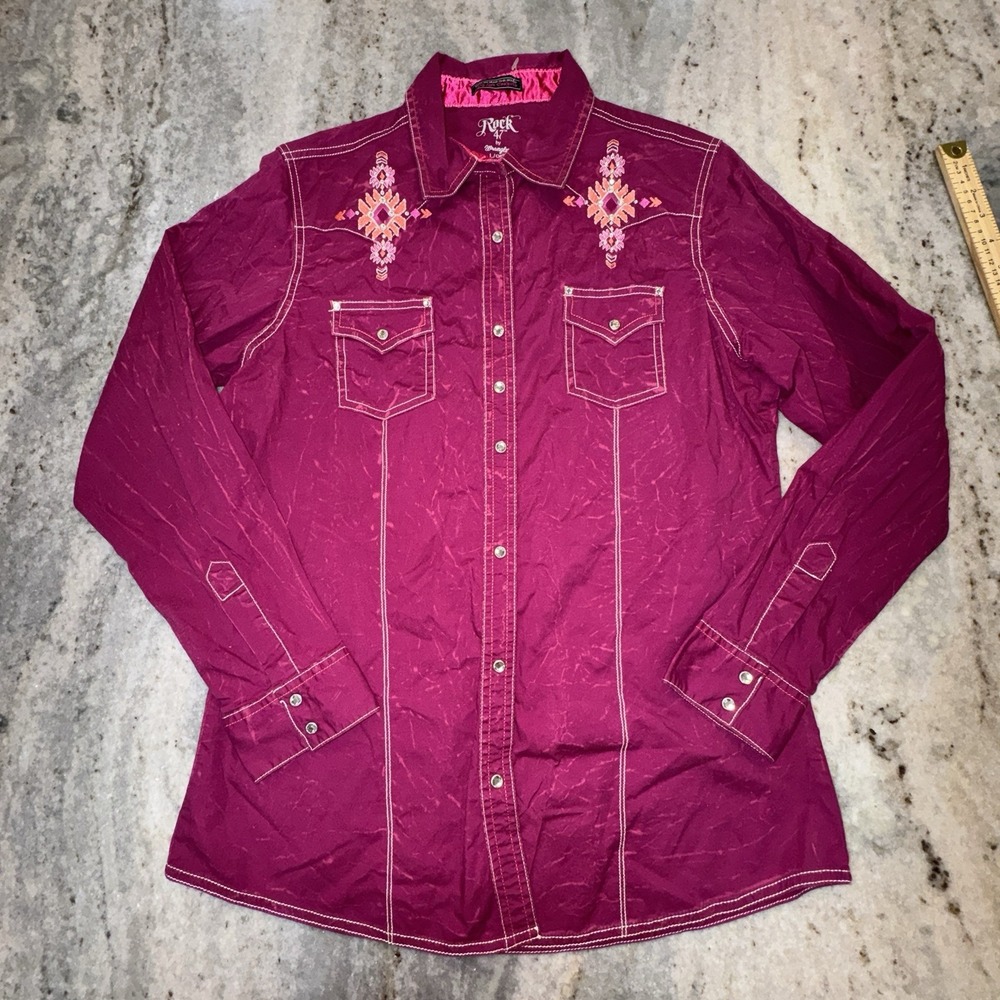 Wrangler Rock 47 Women's Sz L Pink Embroidered Jeweled Western Cowgirl Shirt